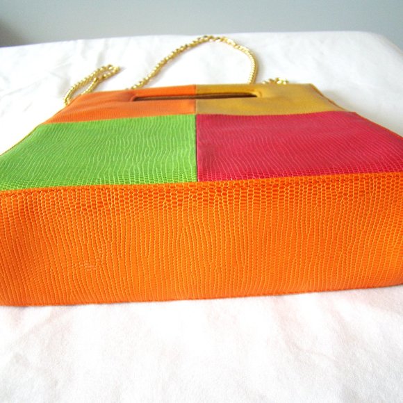 Timothy Hitsman Purse Color Block Orange Pink Green Gold Chain Strap Magnetic - Picture 5 of 8